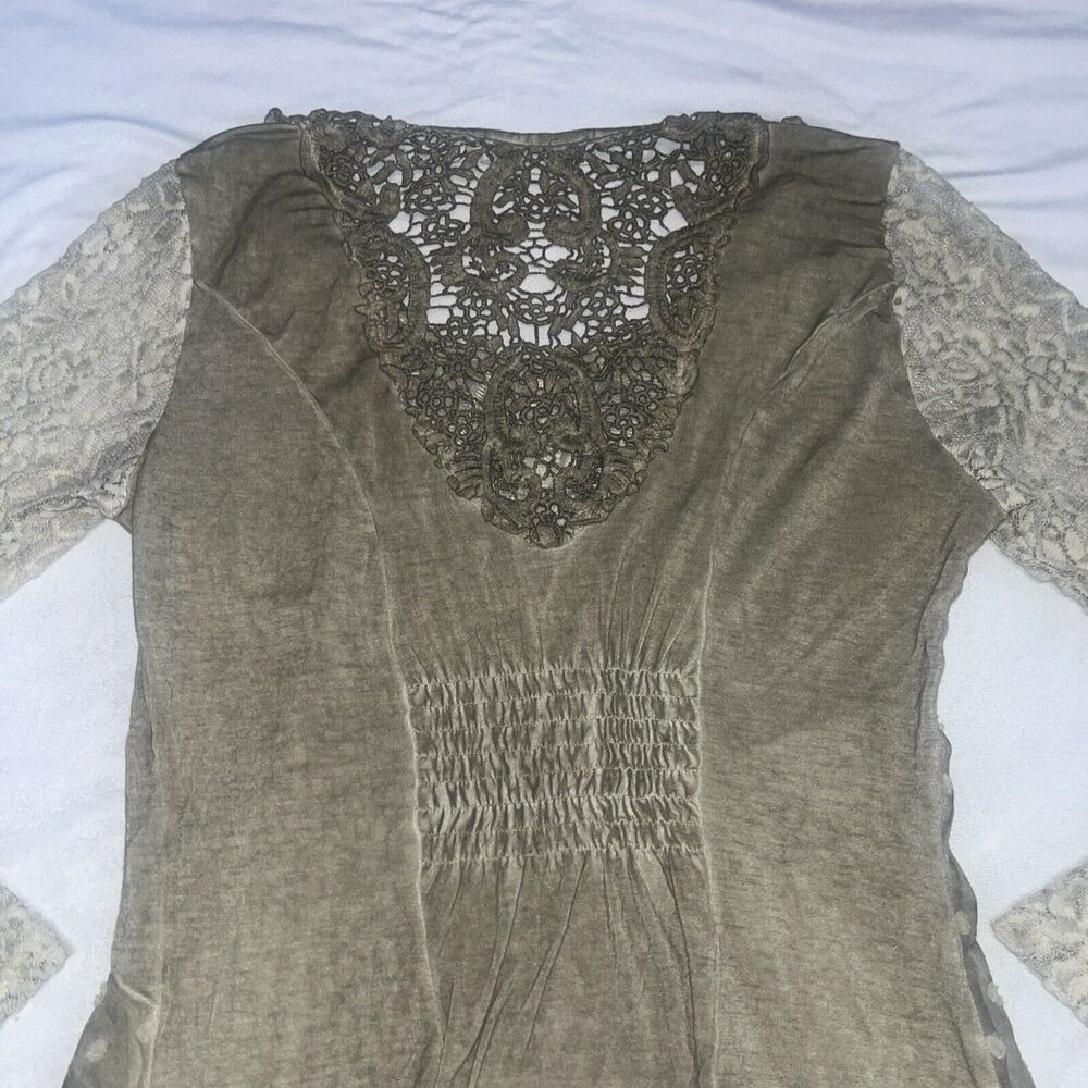 Aziza M Medium Lace Boho Olive Green Dress - Picture 15 of 16